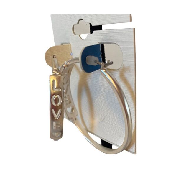 Matte Silver Toned Embossed “Love” Hoop Earrings. - Picture 5 of 6